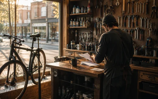 Réparateur de vélos seul dans son atelier au petit matin, penché sur des papiers, la rue commerçante visible par la vitrine