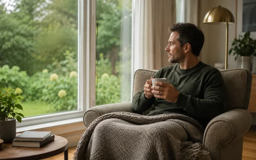 Homme en convalescence assis près d'une fenêtre, une tasse de thé à la main