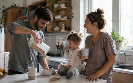 Jeune couple québécois et leur enfant en bas âge dans la cuisine, le matin