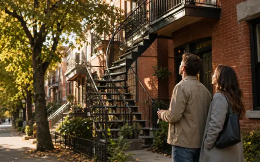Jeune couple devant un duplex montréalais à escalier extérieur, à l'automne