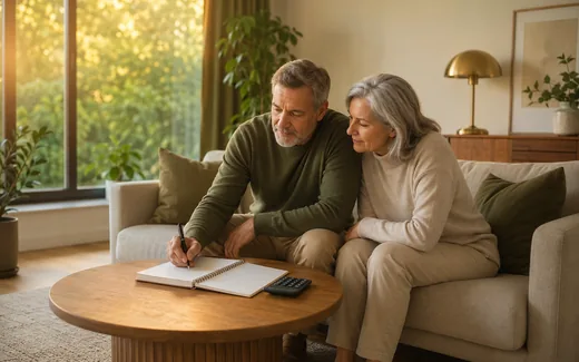Couple dans la soixantaine faisant ses calculs de retraite au salon, carnet et calculatrice sur la table basse