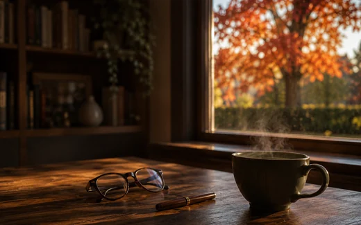 Coin bureau en fin d'après-midi, lunettes et stylo posés sur la table, un érable aux feuilles rousses visible par la fenêtre