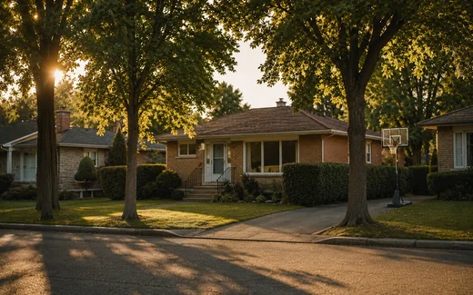 Rue résidentielle bordée d'érables au soleil couchant, bungalow de brique et panier de basketball dans l'entrée