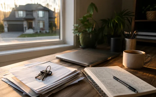 Bureau à domicile au soleil couchant, un trousseau de clés posé sur une pile de factures, la maison visible par la fenêtre