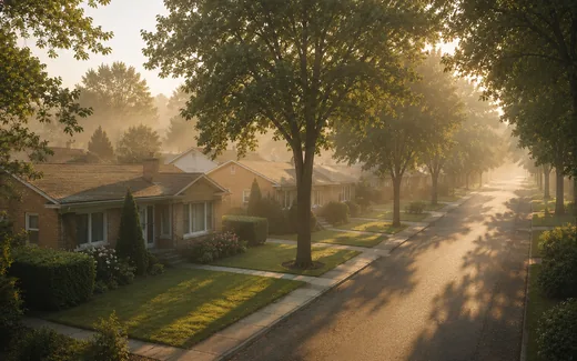 Rue résidentielle de bungalows dans la brume, un petit matin d'été
