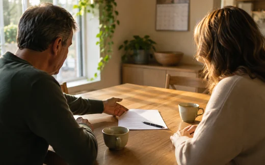 Un couple assis face à face à la table de la salle à manger, un document et un stylo posés entre eux