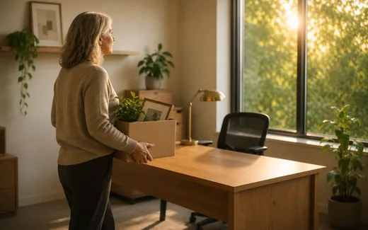 Silhouette d'une personne quittant son bureau avec une boîte d'effets personnels