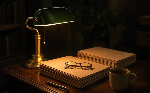 Lampe de banquier éclairant des chemises de documents et une paire de lunettes sur un bureau en bois