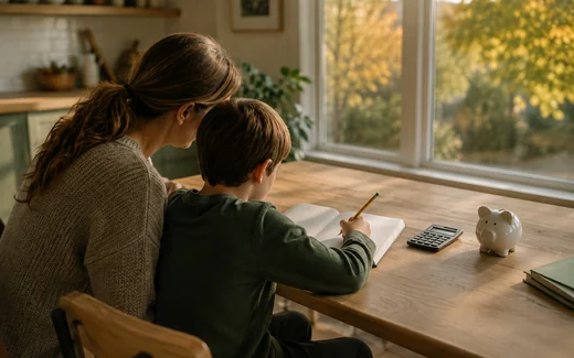 Un parent et son enfant font les devoirs à la table de cuisine, une tirelire et une calculatrice posées près du cahier