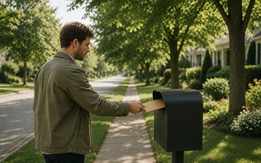 Homme déposant une enveloppe de transfert dans une boîte aux lettres de rue, un matin d'été