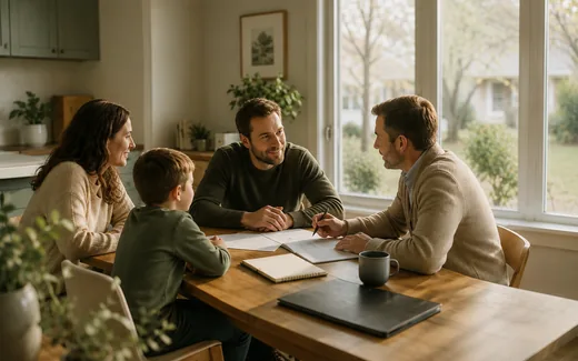 Conseiller en sécurité financière rencontrant une famille autour de la table de la cuisine