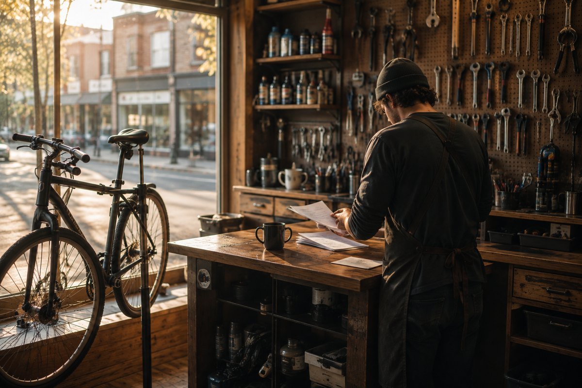 Réparateur de vélos seul dans son atelier au petit matin, penché sur des papiers, la rue commerçante visible par la vitrine