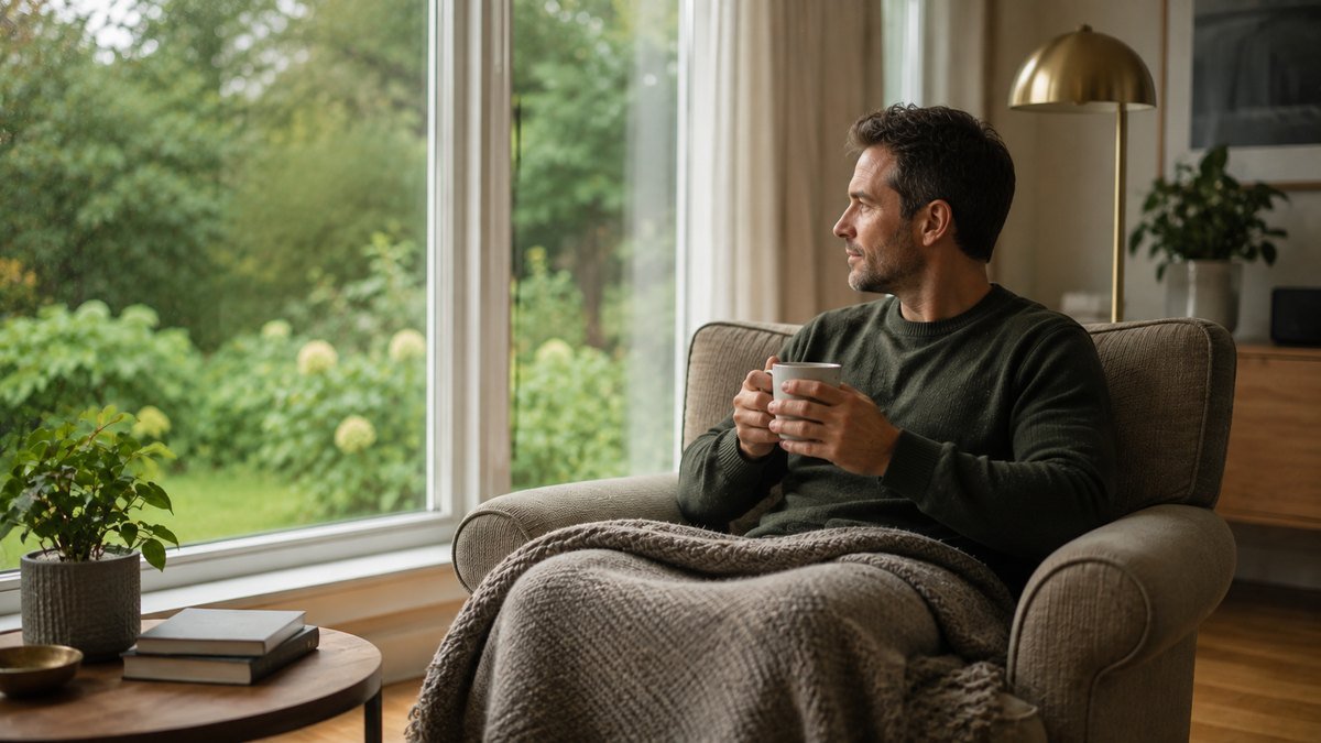 Homme en convalescence assis près d'une fenêtre, une tasse de thé à la main