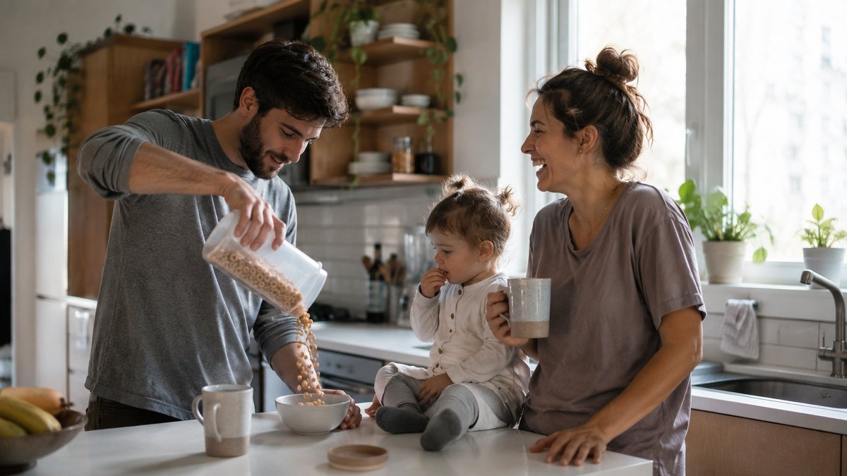 Jeune couple québécois et leur enfant en bas âge dans la cuisine, le matin