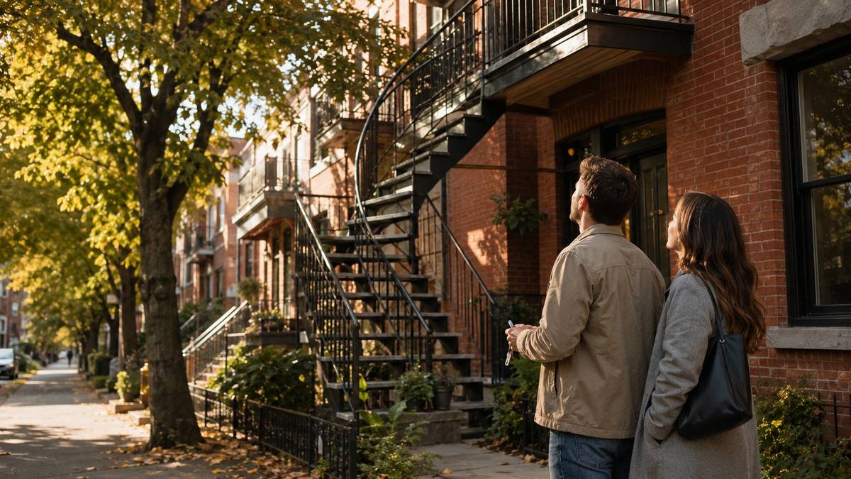 Jeune couple devant un duplex montréalais à escalier extérieur, à l'automne