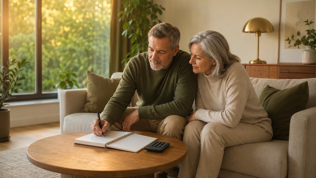 Couple dans la soixantaine faisant ses calculs de retraite au salon, carnet et calculatrice sur la table basse