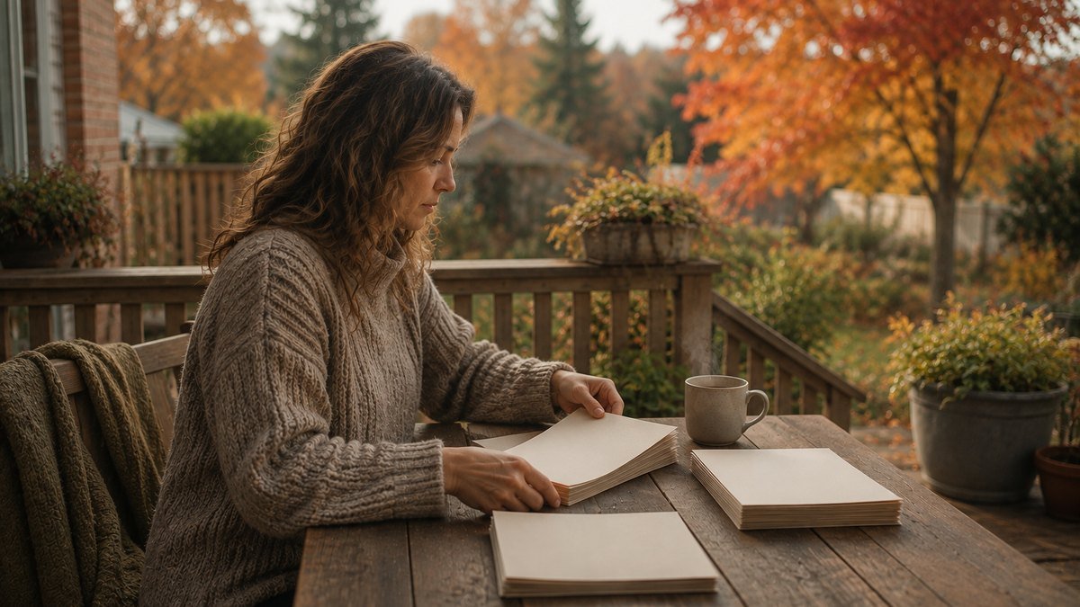 Femme triant ses factures en piles le soir, a la lumiere d'une lampe de table