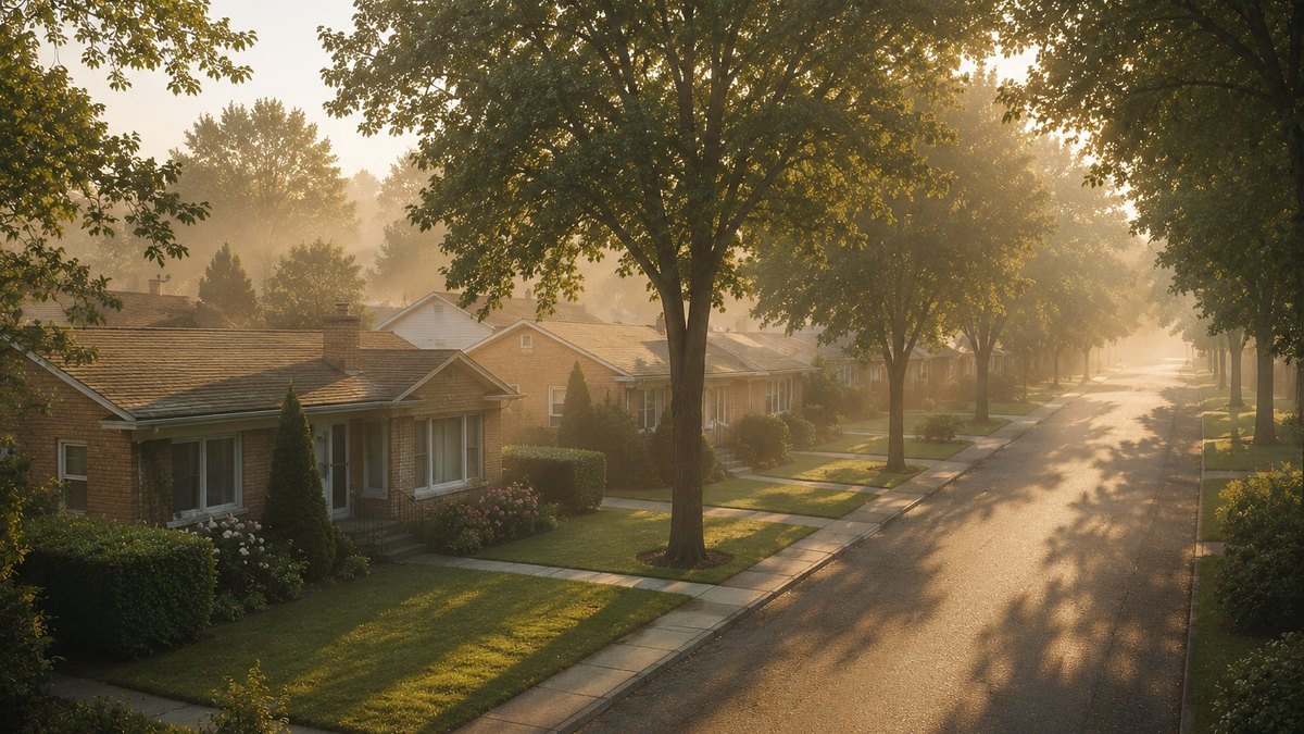 Rue résidentielle de bungalows dans la brume, un petit matin d'été