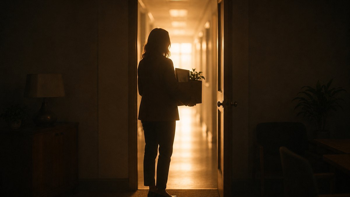 Silhouette d'une personne quittant son bureau avec une boite d'effets personnels
