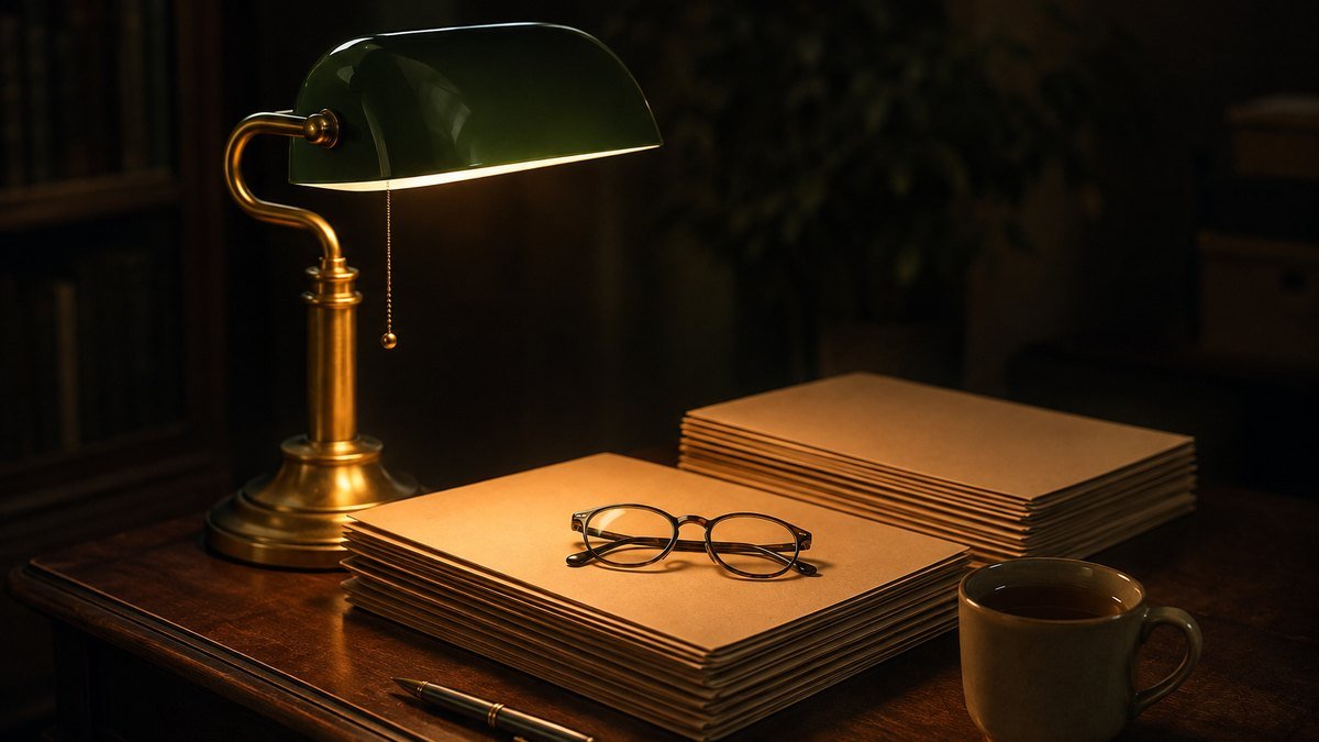Lampe de banquier eclairant des chemises de documents et une paire de lunettes sur un bureau en bois