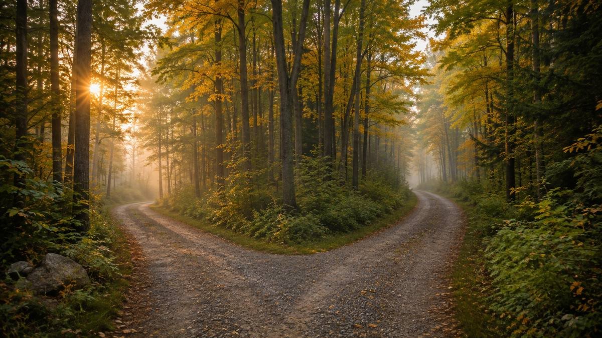 Sentier de forêt d'érables qui se sépare en deux chemins, à l'automne