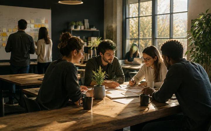 Espace de cotravail baigné de lumière du matin, plusieurs travailleurs indépendants réunis autour d'une grande table de bois