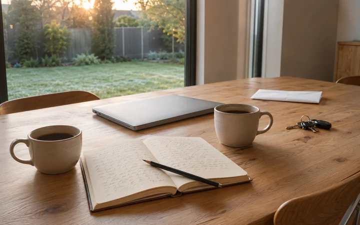 Table de salle à manger au petit matin, un carnet ouvert couvert de notes manuscrites, deux tasses de café et le jardin visible par la baie vitrée