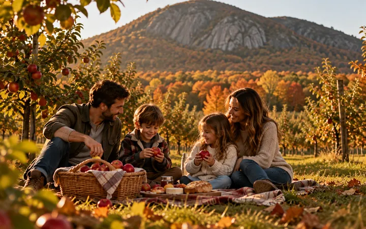 Famille qui pique-nique dans un verger au pied du mont Saint-Hilaire en automne