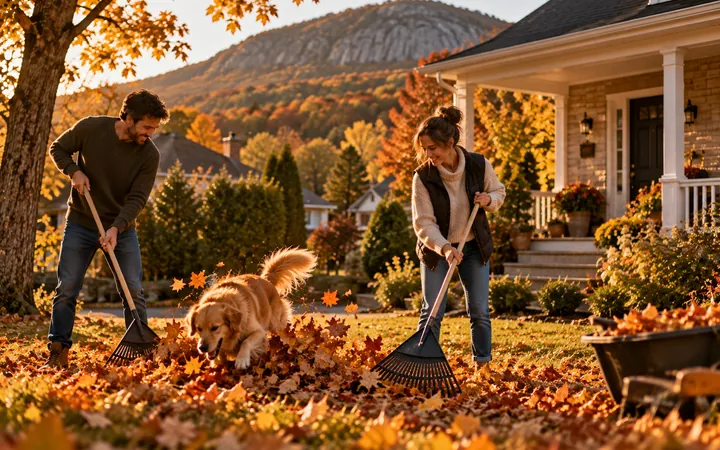 Jeune couple qui ramasse des feuilles devant sa maison au pied du mont Saint-Hilaire, un chien saute dans les feuilles