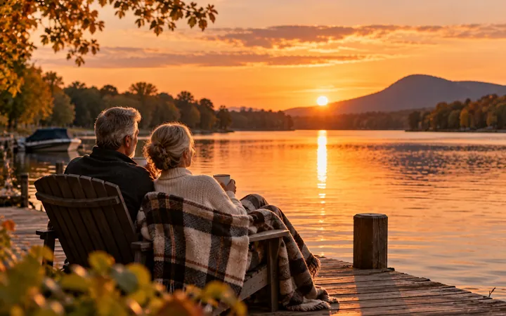 Couple de retraités assis sur un quai au coucher du soleil, une montagne à l'horizon