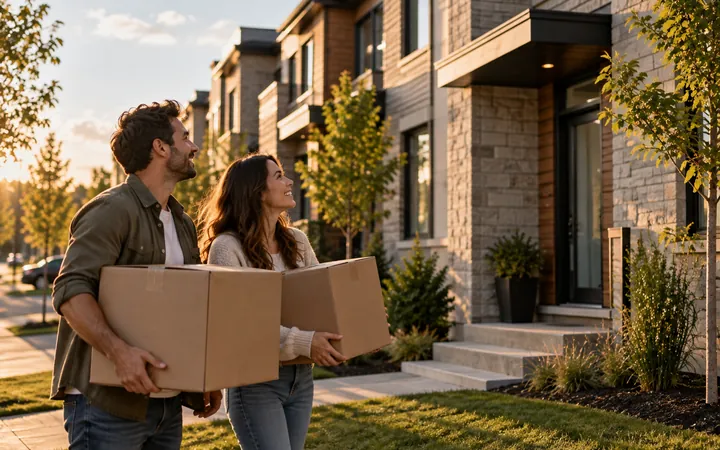 Jeune couple qui porte des boîtes de déménagement devant une maison neuve en rangée