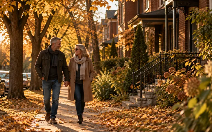 Couple de retraités qui marche sur une rue bordée d'arbres à l'automne