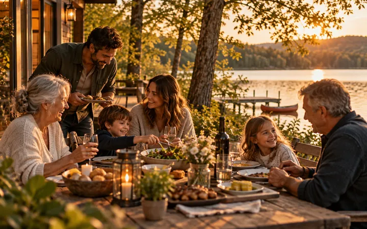 Trois générations réunies autour d'une table au bord d'un lac au coucher du soleil